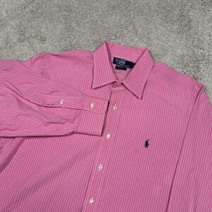 VTG Polo Ralph Lauren Andrew Mens Pink White Micro Check Cotton Shirt 17-35 L XL